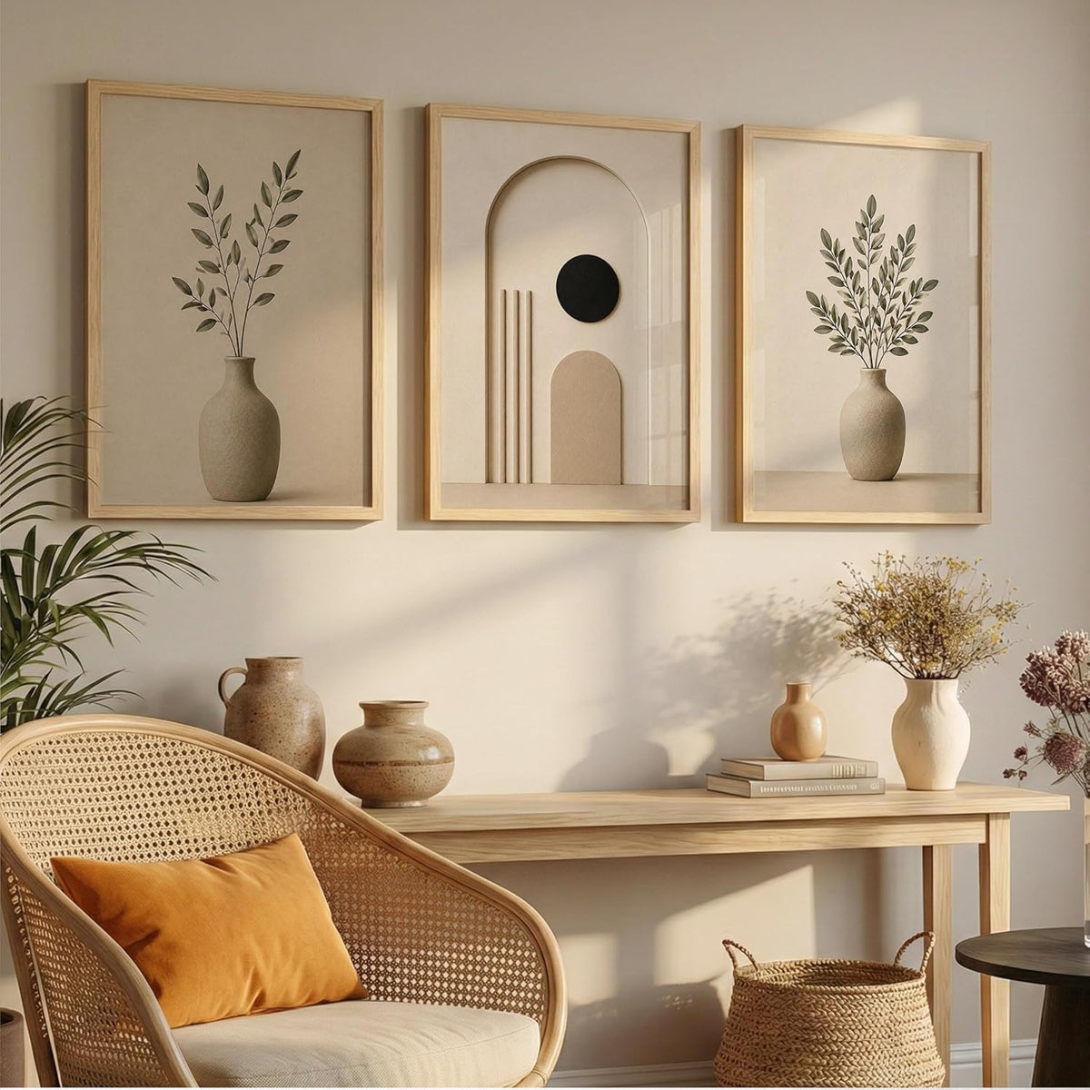 Set of 3 Japandi Botanical Wall Art Paintings, Wooden Frame, 13x19 Inches, for Living Room, Bedroom, Office, and Home Decoration
