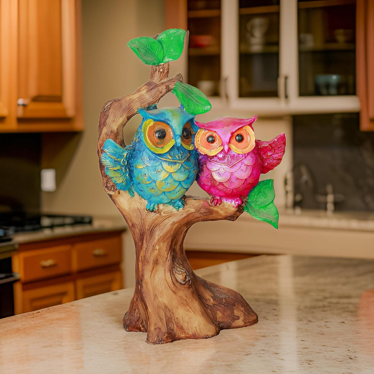 Poly Resin Owl Statue | Owl Sculpture for Good Luck | Owl Couple on Tree Showpiece Idol for Garden, Home Decoration, Table, Living Room | Gift for Anniversary | Set of 1