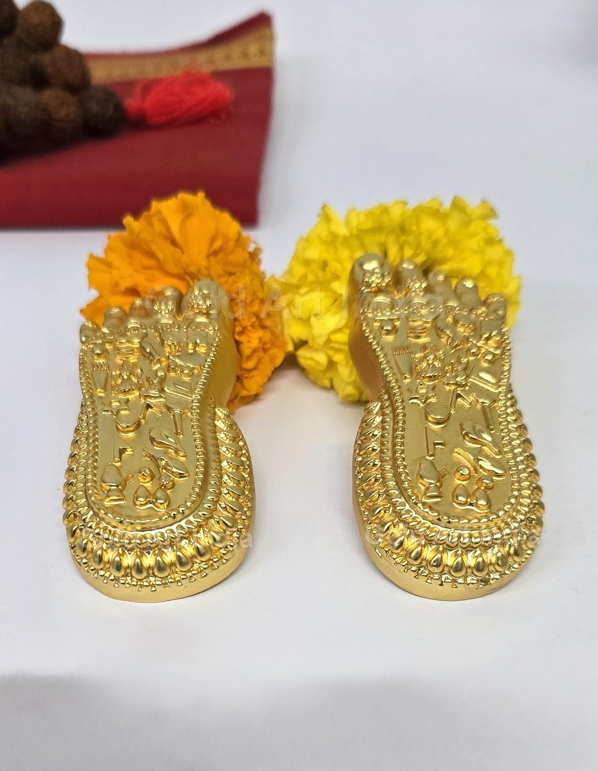 Gold Art India Shri Laxmi Charan Paduka Gold Plated Matte | Bhagyam Lakshmi Charan Idol | Maa Lakshmi Blessings Feet for Office Home Temple Decor | Ideal for Laxmi Puja Housewarming Gifts (4.5" Inch)