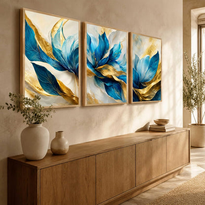 Blue Gold Floral Leaf Wall Painting Set of 3 for Kids Room Bedroom Living Room Hall Decor, Abstract Botanical Art, Premium Wooden Synthetic Frame (13.5 x 19.5) NM03-152