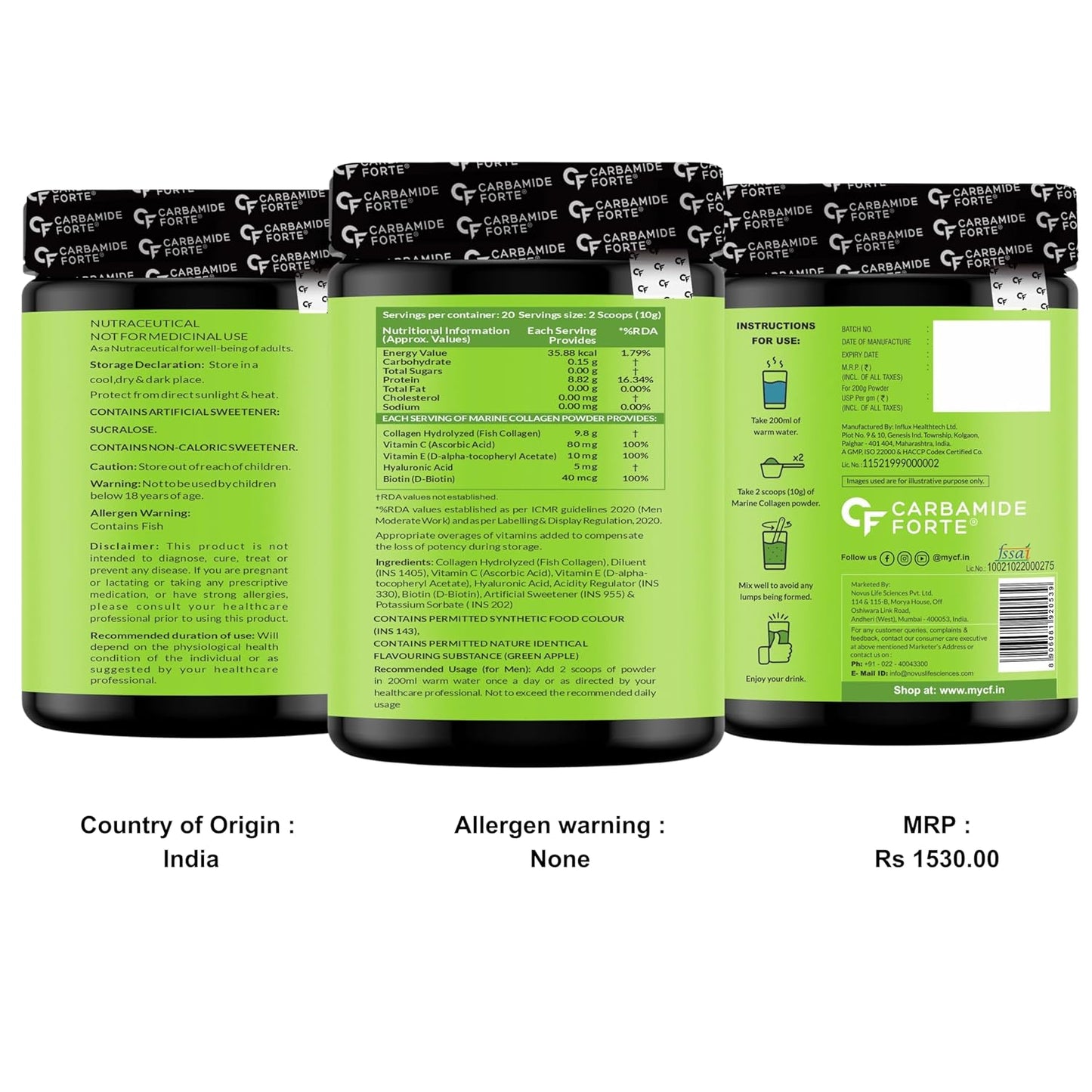 Carbamide Forte Marine Collagen Powder Supplement - for Skin Fish Collagen Powder for Women & Men - 200 Grams Powder - Green Apple Flavour