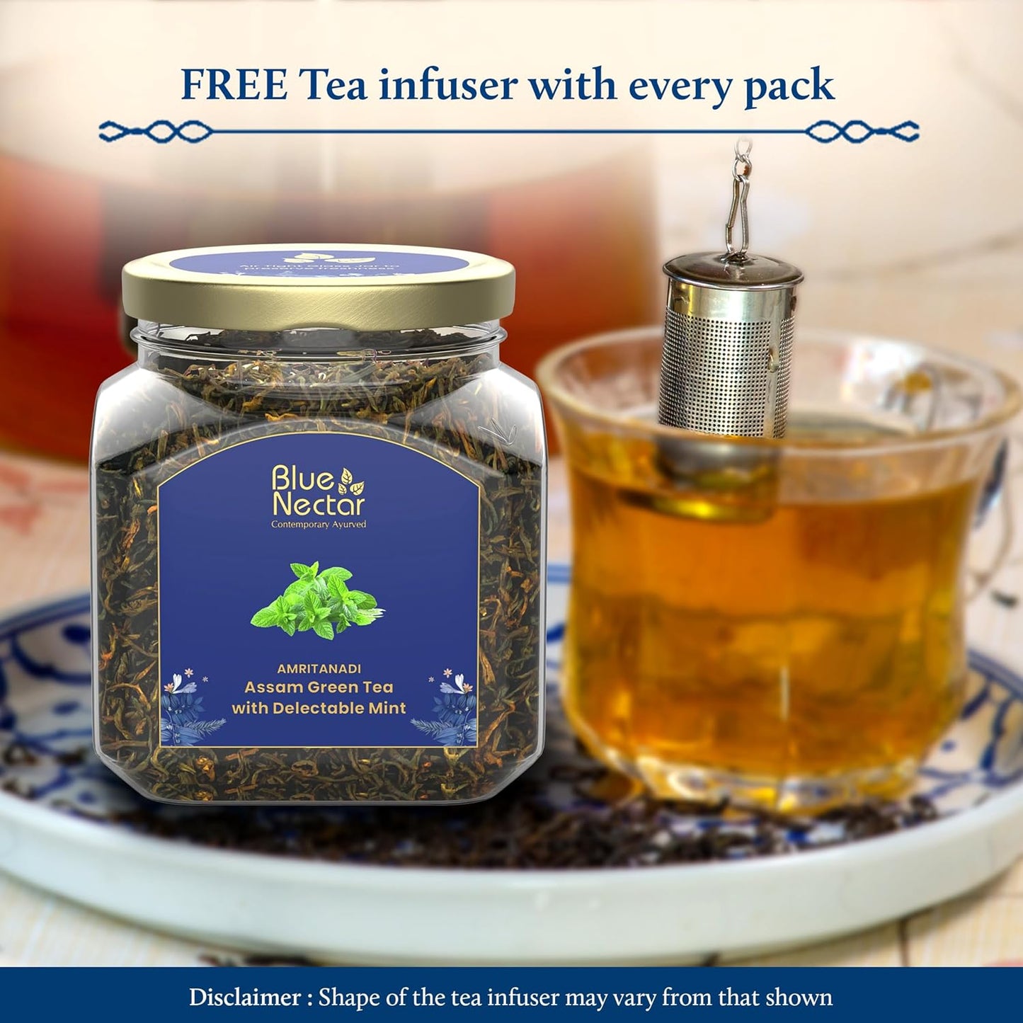 Blue Nectar Green Tea Leaves with Delectable Mint Flavor | Refreshing All Occasion Tea | Air-Tight Glass Jar with Free Tea Infuser (65g)