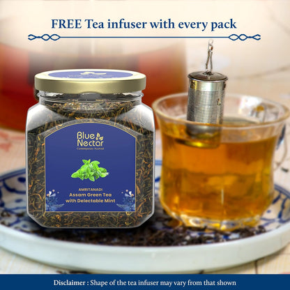 Blue Nectar Green Tea Leaves with Delectable Mint Flavor | Refreshing All Occasion Tea | Air-Tight Glass Jar with Free Tea Infuser (65g)