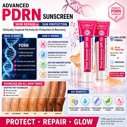 Advertisement for PDRN sunscreen with product packaging and benefits highlighted.