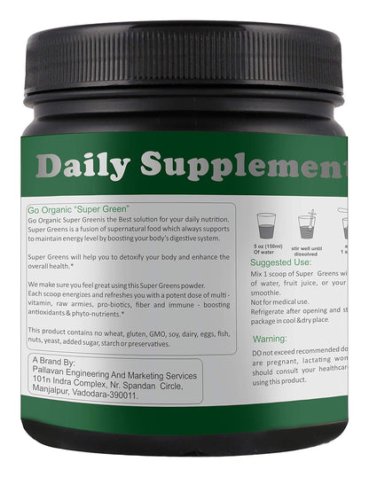 Go Organic Super Green powder Supergreens Raw Plant-Based Nutrition, Organic Spirulina, Chlorella, Acerola & Other Alkalizing And Antioxidant Fruits & Vegetables, Lemongrass & Stevia 300Gm