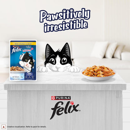 Purina Felix Chicken in Jelly, Wet Food for Adult Cats, 85g Pouch | With Chicken in Jelly, Tasty Meaty Chunks, 100% Complete & Balanced Nutrition, Vitamins D & E, Omega 6, Essential Minerals