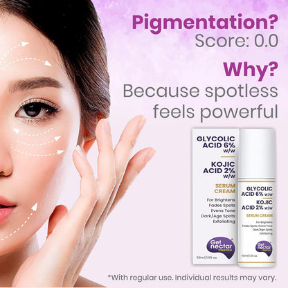 Get Nectar Happiness 6% Glycolic & 2% Kojic Acid Serum Cream Helps Reduce Pigmentation, Acne Scars, Dark, Age Spots, Blemishes & Uneven Skin Tone. Promotes a Brighter, Smoother-Looking Complexion 50ml