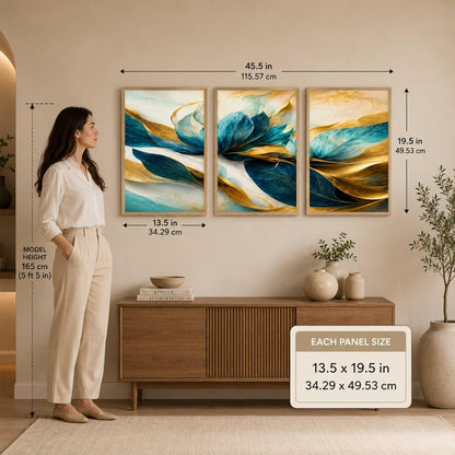 Abstract Blue Gold Floral Wall Painting Set of 3 for Living Room Bedroom Hall Office Decor, Modern Luxury Leaf Artwork, Premium Wooden Synthetic Frame (13.5 x 19.5) NM03-144