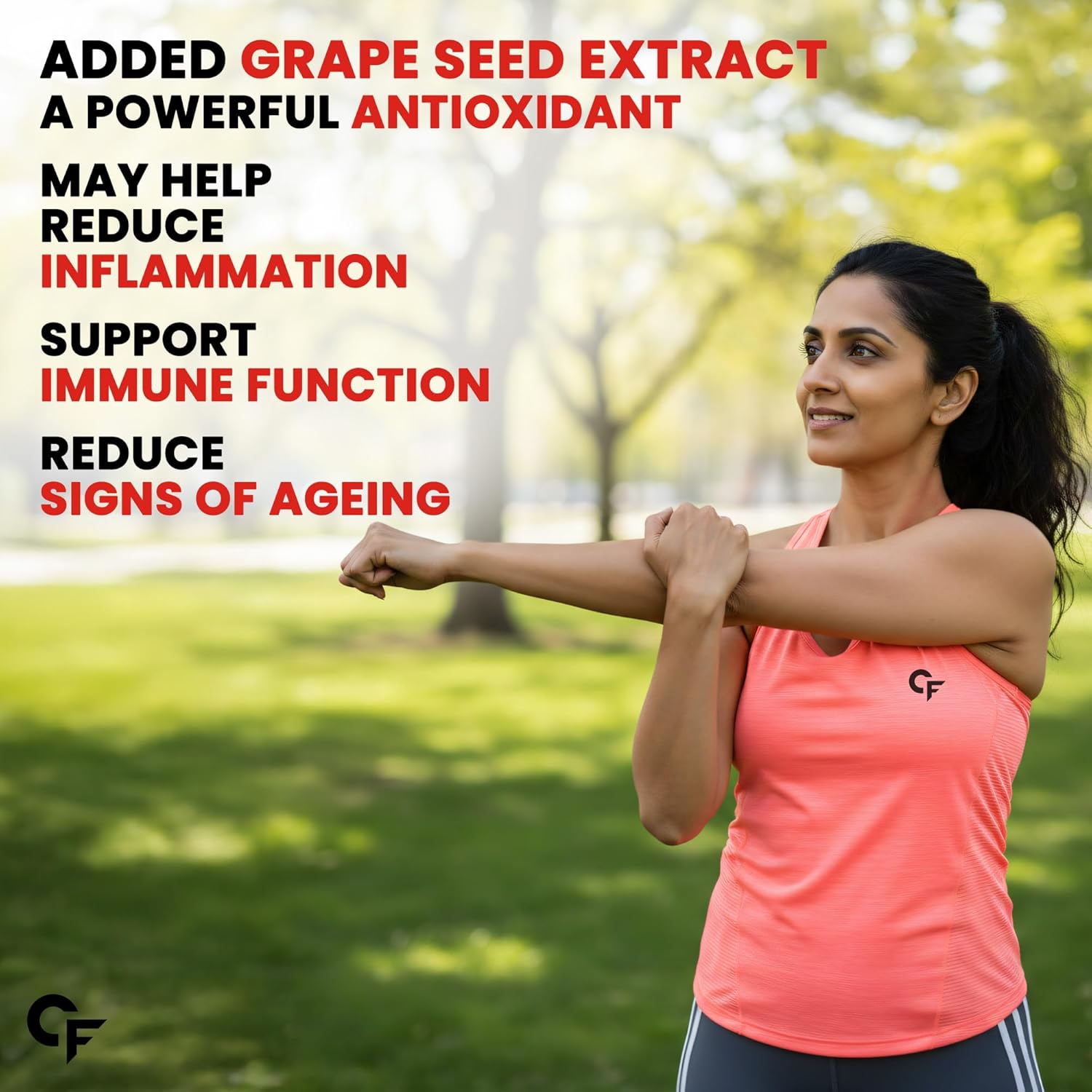Woman exercising outdoors with text about grape seed extract benefits