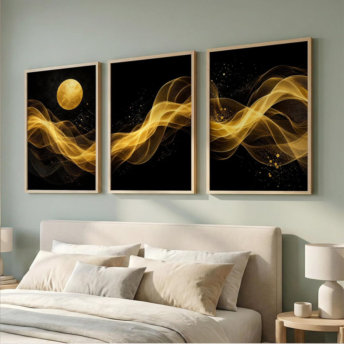 Set of 3 Black Gold Abstract Moon Wall Art Paintings for Living Room | Luxury Modern Wall Decor | Golden Wave Wall Paintings for Bedroom, Hall, Office & Home Decoration (13x19 Inches)