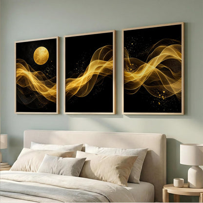 Set of 3 Black Gold Abstract Moon Wall Art Paintings for Living Room | Luxury Modern Wall Decor | Golden Wave Wall Paintings for Bedroom, Hall, Office & Home Decoration (13x19 Inches)