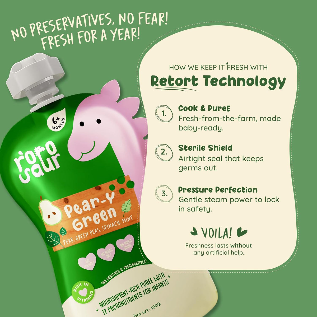 Rorosaur Ready to Eat Fruit & Veggie Baby Food Puree Pouch for 6+ Months Baby 100g each, Pk of 2 | Made with Spinach, Pear & Peas Puree in Pouch | 100% Natural, No Preservatives, No Sugar, No Salt