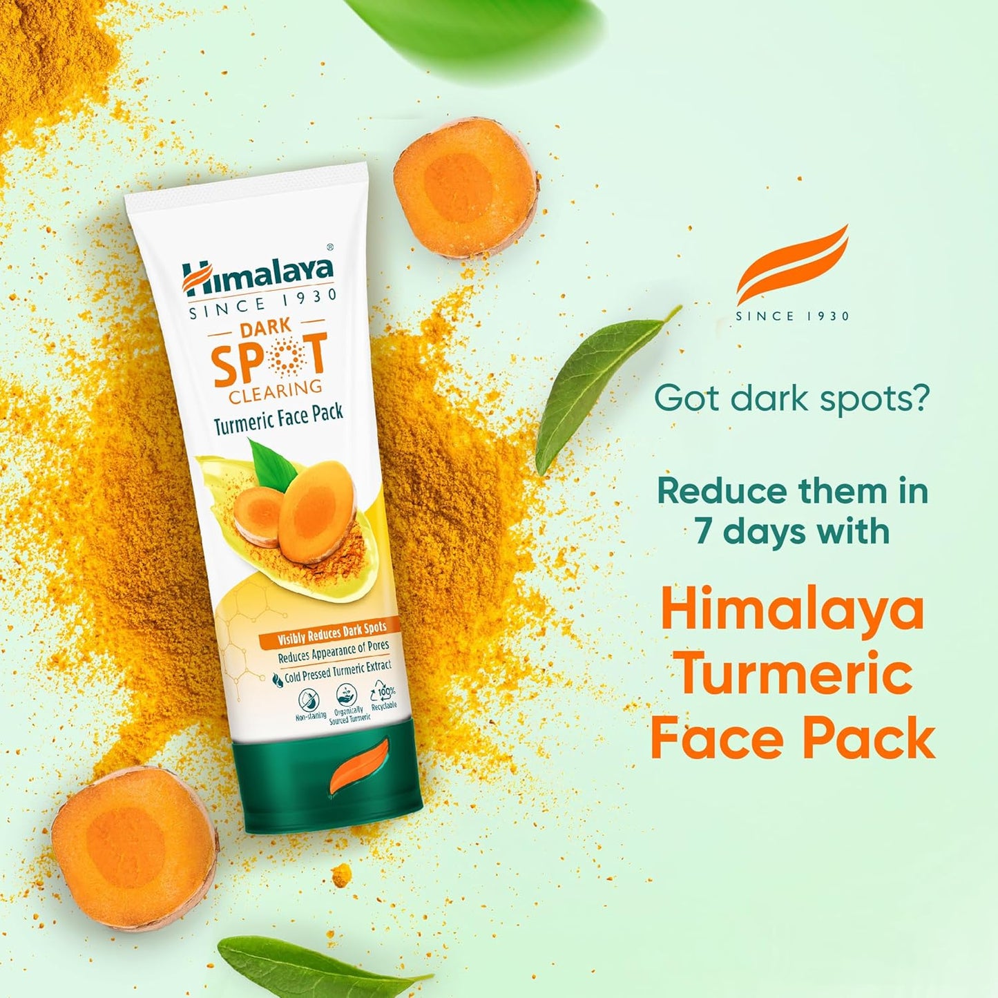 Himalaya Turmeric Face Pack with turmeric powder and apricots on a light green background
