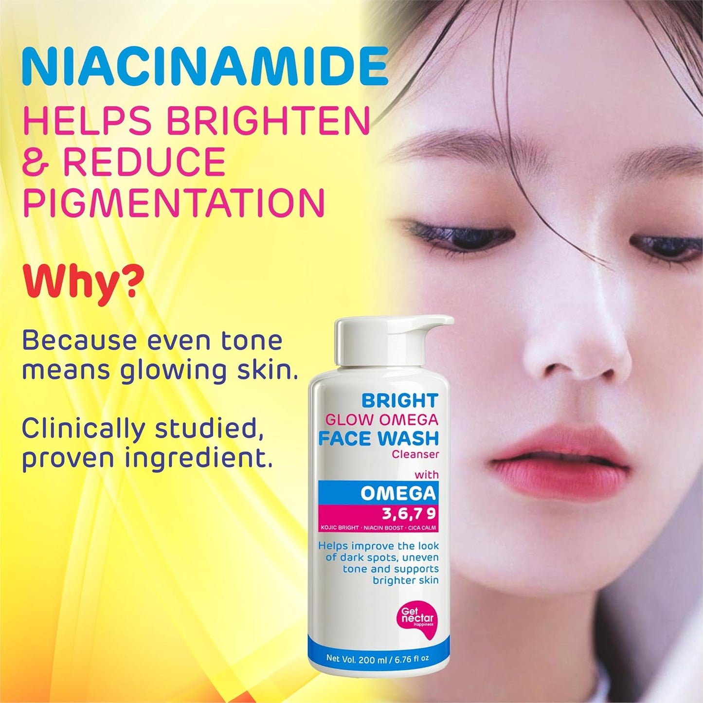 Advertisement for Bright Glow Omega Face Wash with niacinamide benefits on a colorful background.