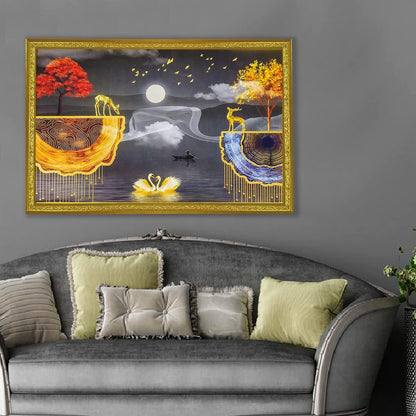 Abstract art Framed Golden Foil 3D Style Landscape Painting with 2 Deer Standing on Edge | Ready to Hnag - (14 x 20 inch, Multicolor)