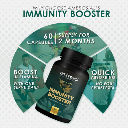 Ambrosial Immunity Booster supplement bottle with promotional text on a green and white background