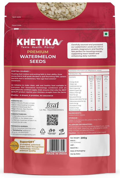 Khetika Watermelon Seeds 200g I Seed for Eating I Tarbuj Beej I Magaj Seeds I Rich in Protein, Potassium, Magnesium & Iron
