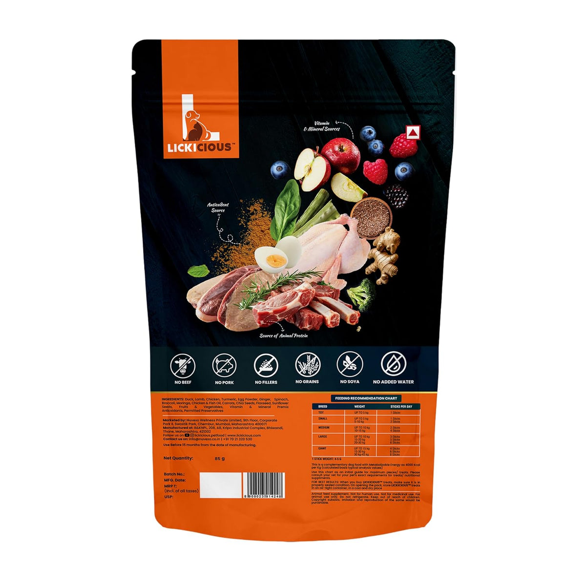LICKICIOUS Nutritional Treats for Growth & Immunity 85g | Chewy Stick with 4 Animal Proteins Duck, Chicken, Egg, Lamb | Antioxidants, Vitamins, Minerals | Boost Health, Vitality & Muscle Development