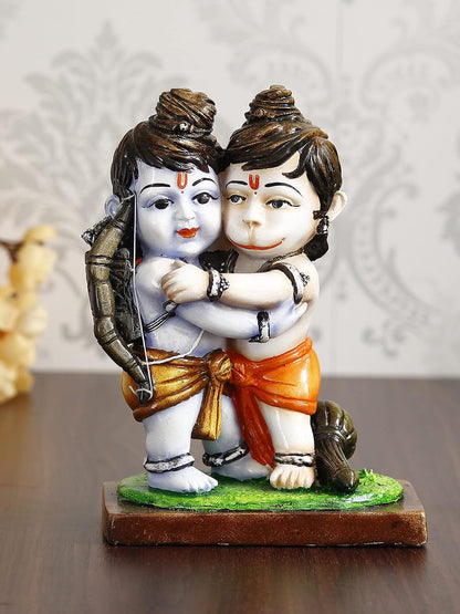 Handcrafted Polyresin Lord Ram Hugging Lord Hanuman Idol - Auspicious Religious Statue for Devotees and Spiritual Seekers - Ideal for Home, Office, Or Temple Decor