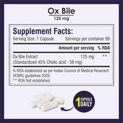 Biotrex Nutraceuticals OX BILE EXTRACT 125mg, 45% CHOLIC ACID, Supports Gallbladder Health & Supports Healthy Digestion, Bile Synthesis Support, (Gluten Free & Non-GMO) - 90 Capsules