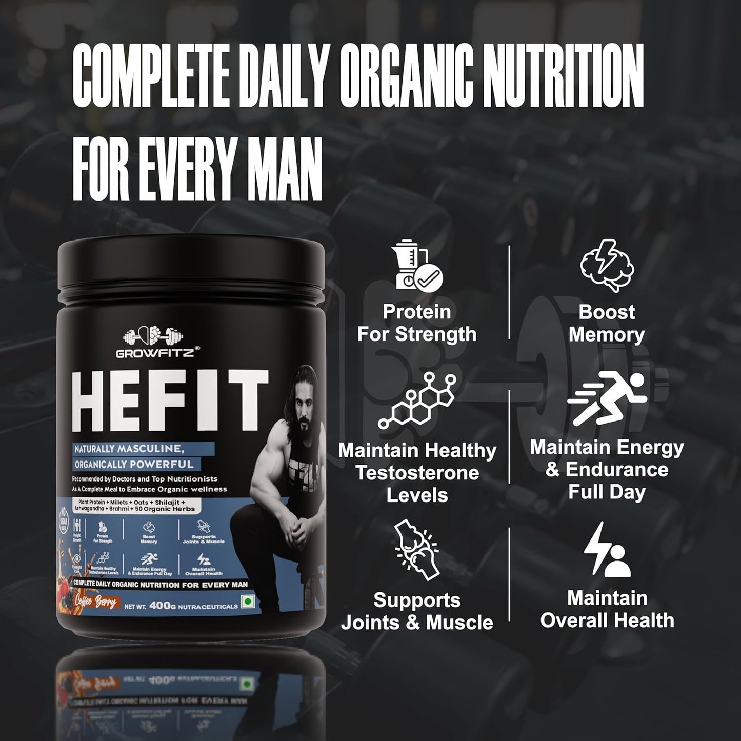 Growfit Hefit 100% Natural Plant Protein Powder 400g | 12g Protein - Pea Isolate | Easy to Digest | Meal Supplements for Muscle Growth & Recovery | 50+ Organic Herbs | No Added Sugar (Coffee Berry)