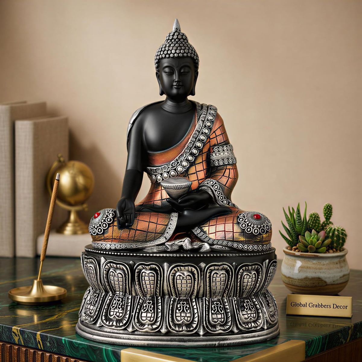 Buddha Statue Showpiece Idol Home Decor Items for Living Room and Gifts (Silver Black Copper)