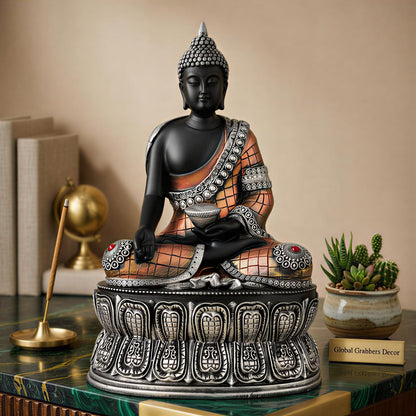 Buddha Statue Showpiece Idol Home Decor Items for Living Room and Gifts (Silver Black Copper)
