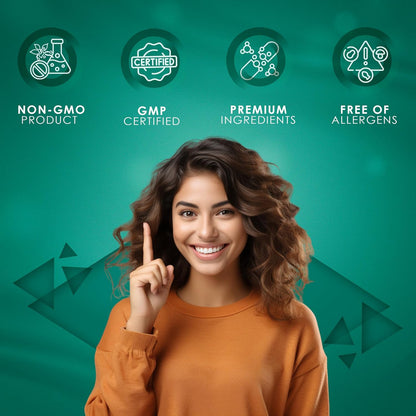 Woman pointing to icons and text on a green background about product certifications.