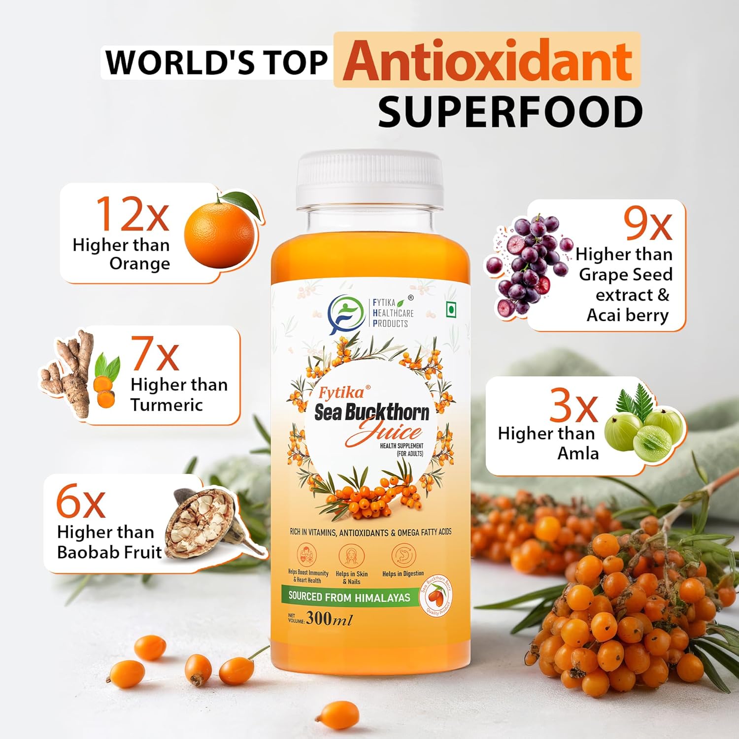 Sea Buckthorn juice bottle with health benefits displayed on a white background