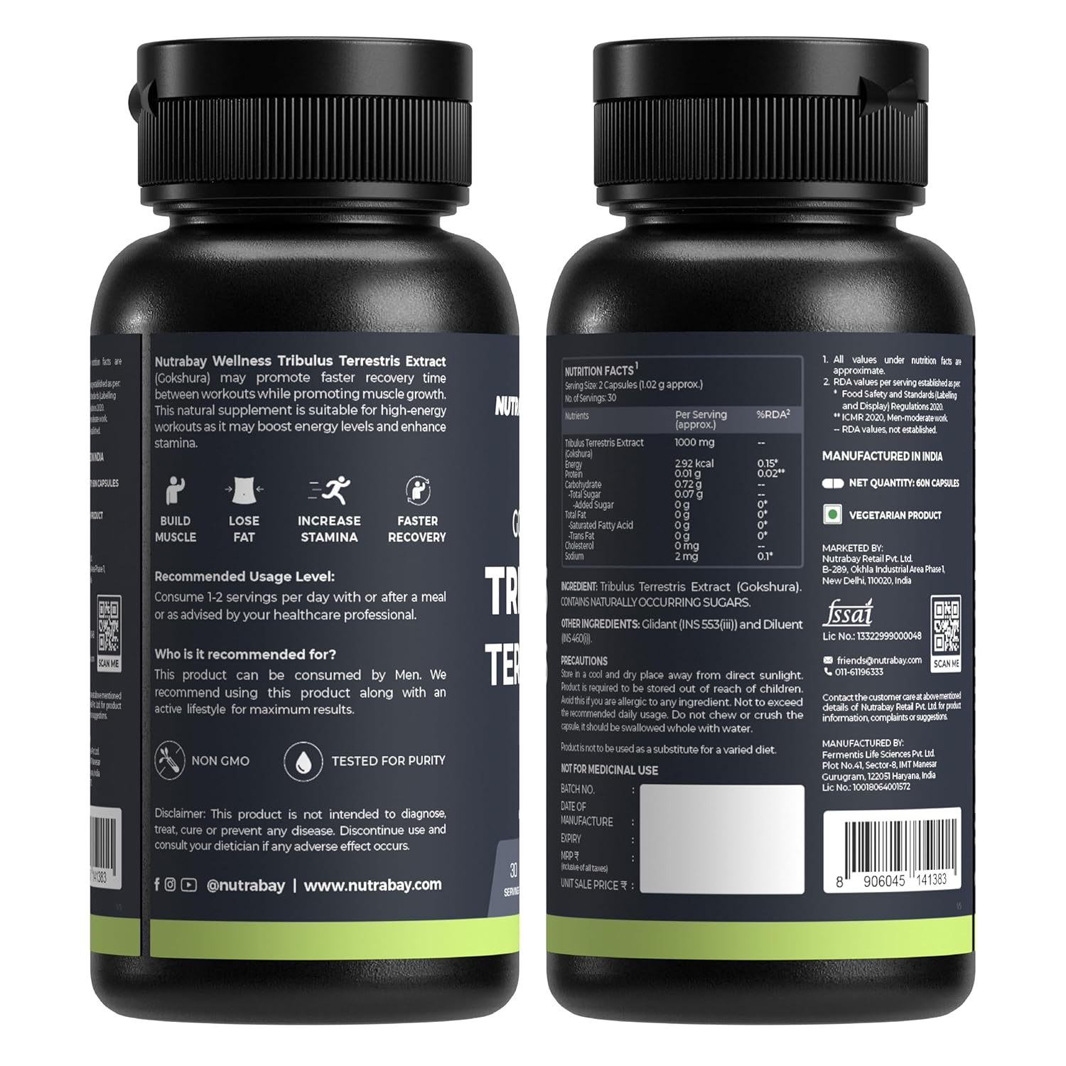 Two black supplement bottles with labels on a white background