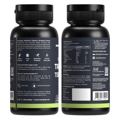 Two black supplement bottles with labels on a white background