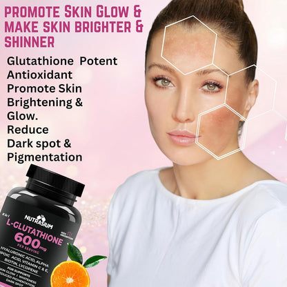 Nutrasium L-Glutathione 600 mg with Hyaluronic Acid & Biotin | For Skin Glow, Brightening, Hydration, & Skin Radiance, Reduce Dark Spot & Pigmentation | 30 Tablets