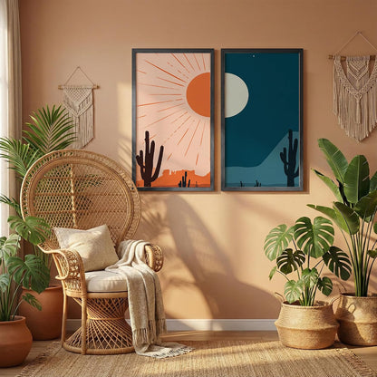 Minimalist Desert Wall Art Set of 2 Framed Prints | Sun & Moon Cactus Landscape Posters with Frames, Boho Neutral Abstract Nature Wall Decor, Scandinavian Aesthetic Artwork for Living Room, Bedroom, Office, Wall Hanging Frame (Art-12, 10x19inch, Wooden)