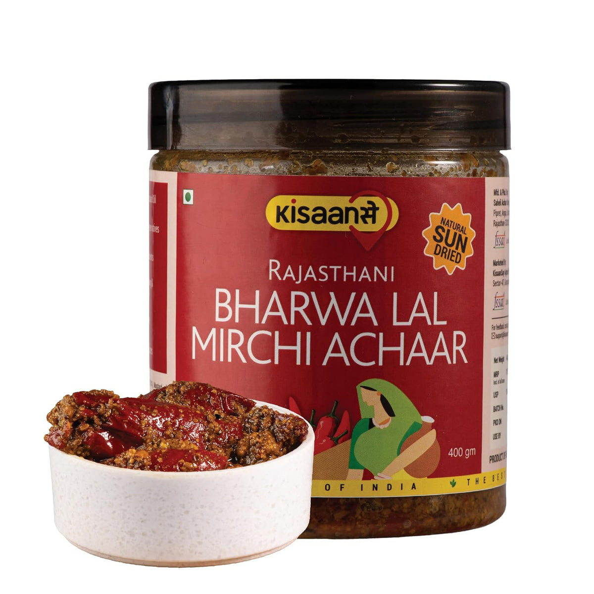 KisaanSay Rajasthani Stuffed Red Chilli Pickle 400GM | Natural Sun Dried | Marwadi Bharwa lal Mirch ka Achar | Spicy Homemade Achaar With Mustard Oil | Teekha Ghar Ka Pickle | No Garlic | No Chemical Preservatives