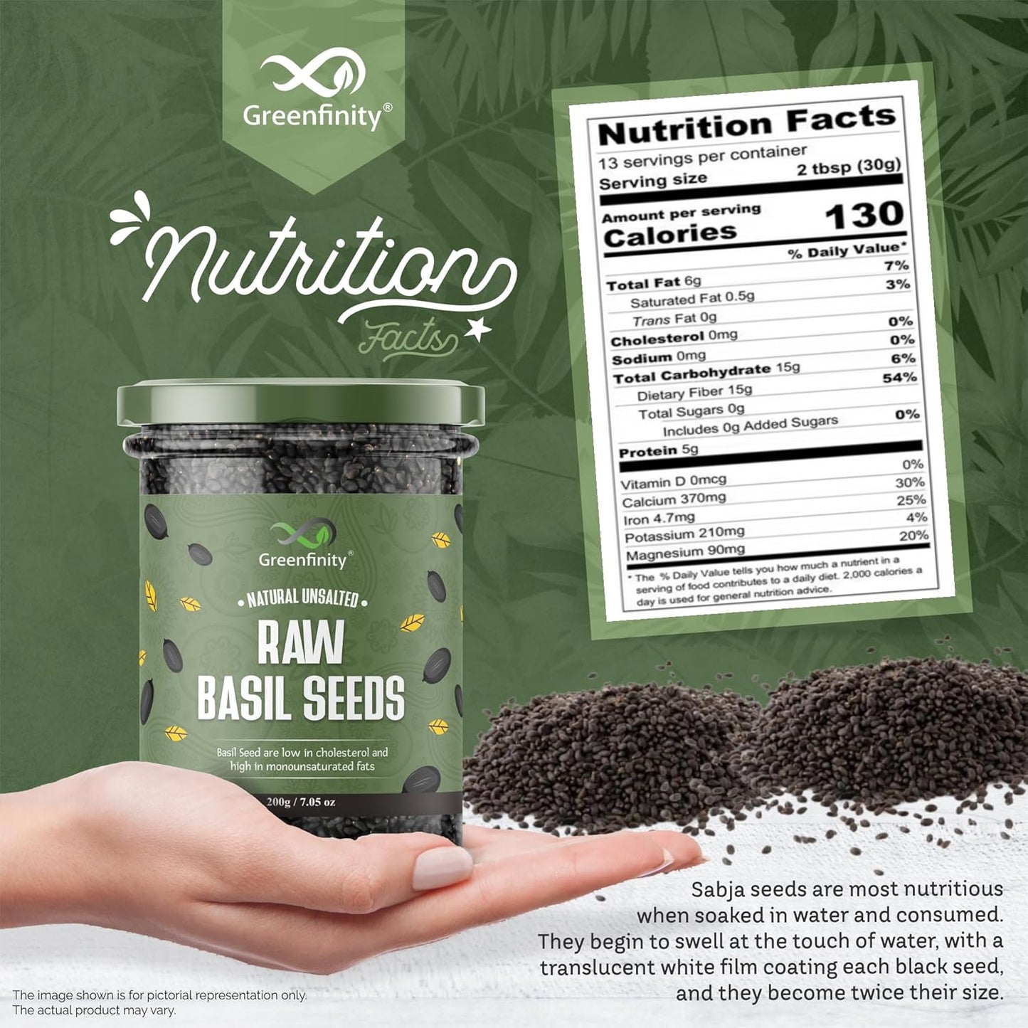 Greenfinity Hygienic Raw Sabja Basil Seeds 200 Grams Nutrient-Rich, Pure Basil Seeds For Healthy Drinks, Smoothies, And Recipes