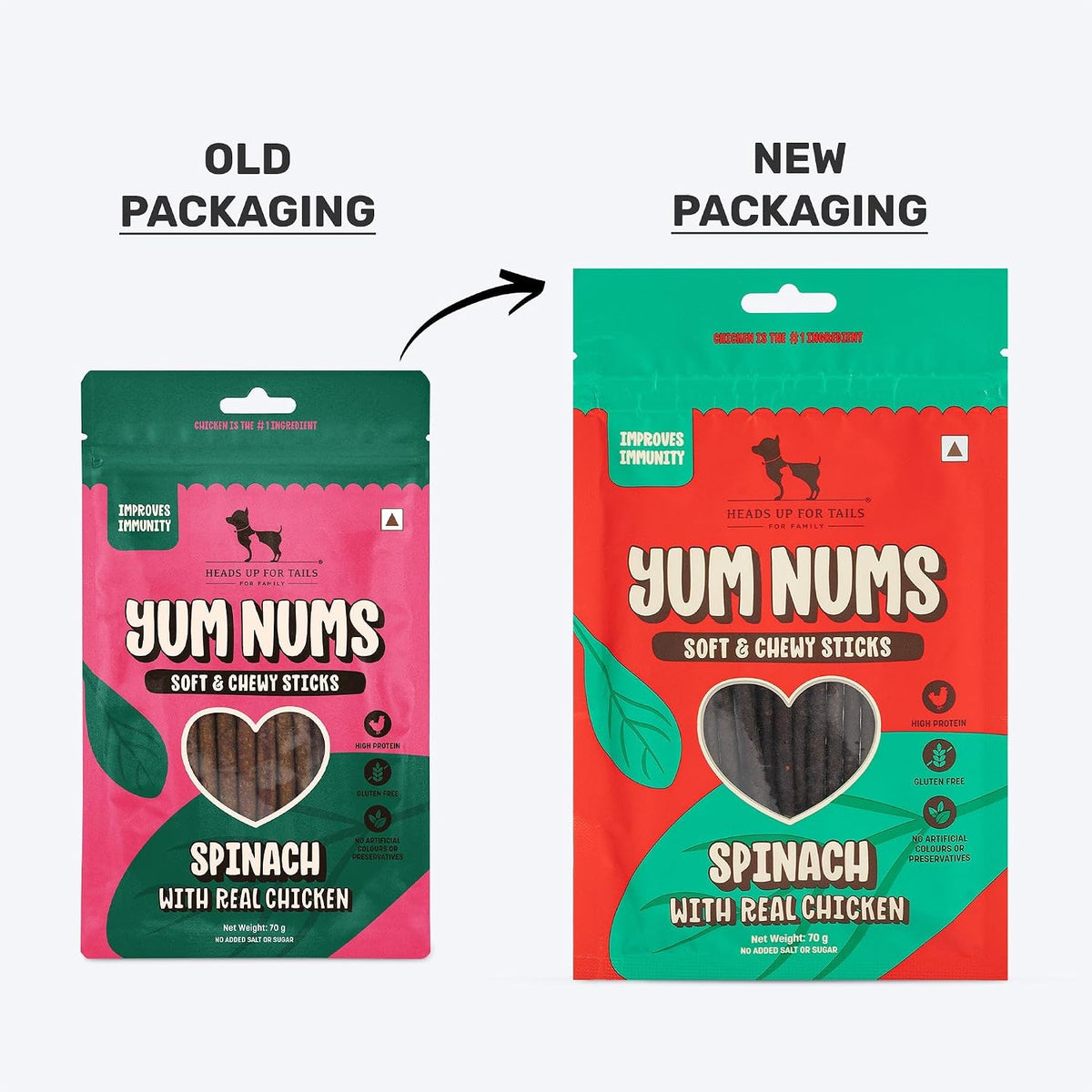 Yum Nums by HUFT Soft & Chewy Sticks - 70 gm | Spinach with Real Chicken Dog Treats | Healthy Dog Snacks | Puppy Training Treats | Veg & Non-Veg Treats for Small & Adult Dogs