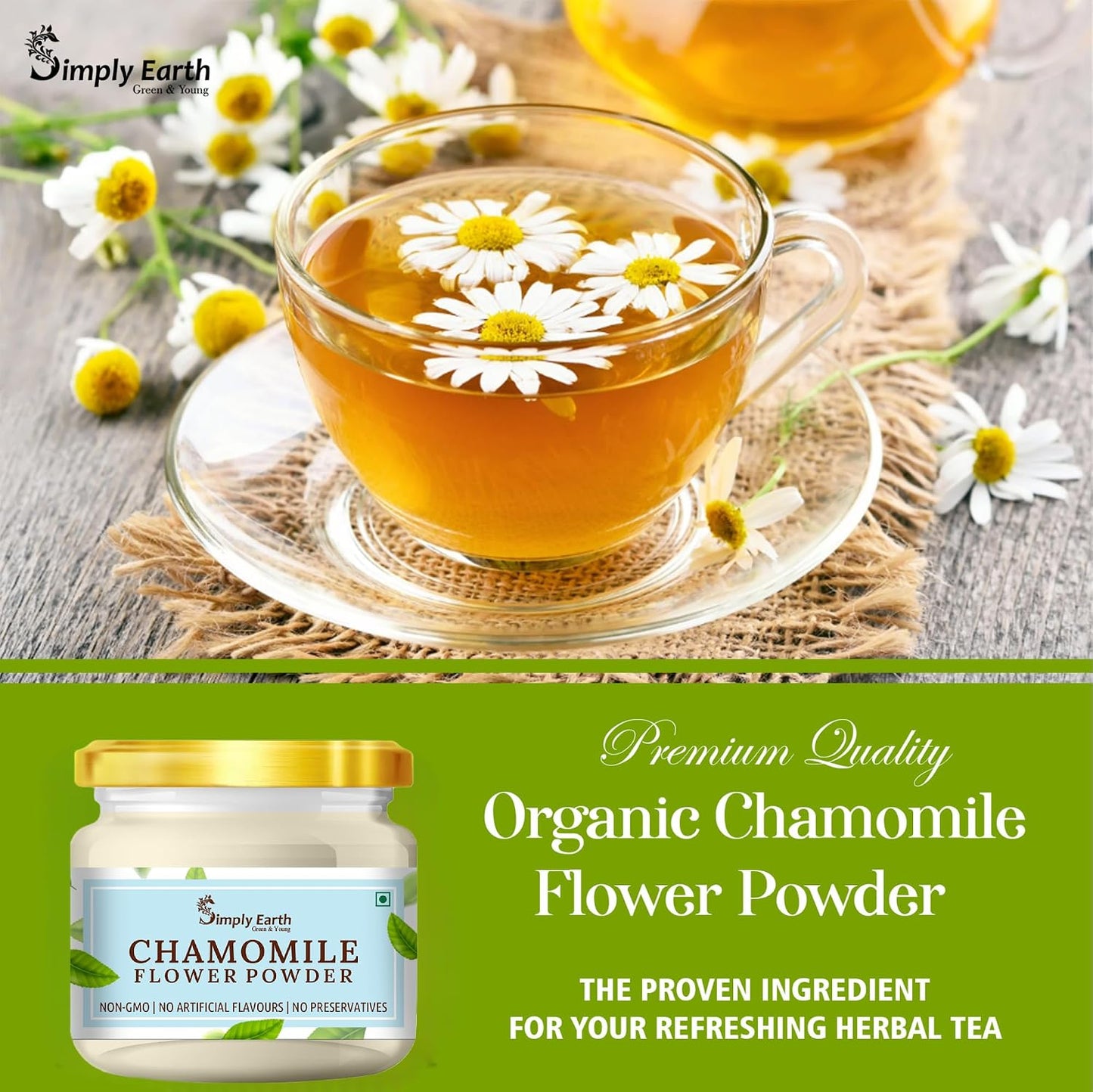 Simply Earth organic Chamomile Flower Powder 100g, Helps Improve Sleep Quality, Boosts Skin and Hair Health, Caffeine Free, Chamomile Tea