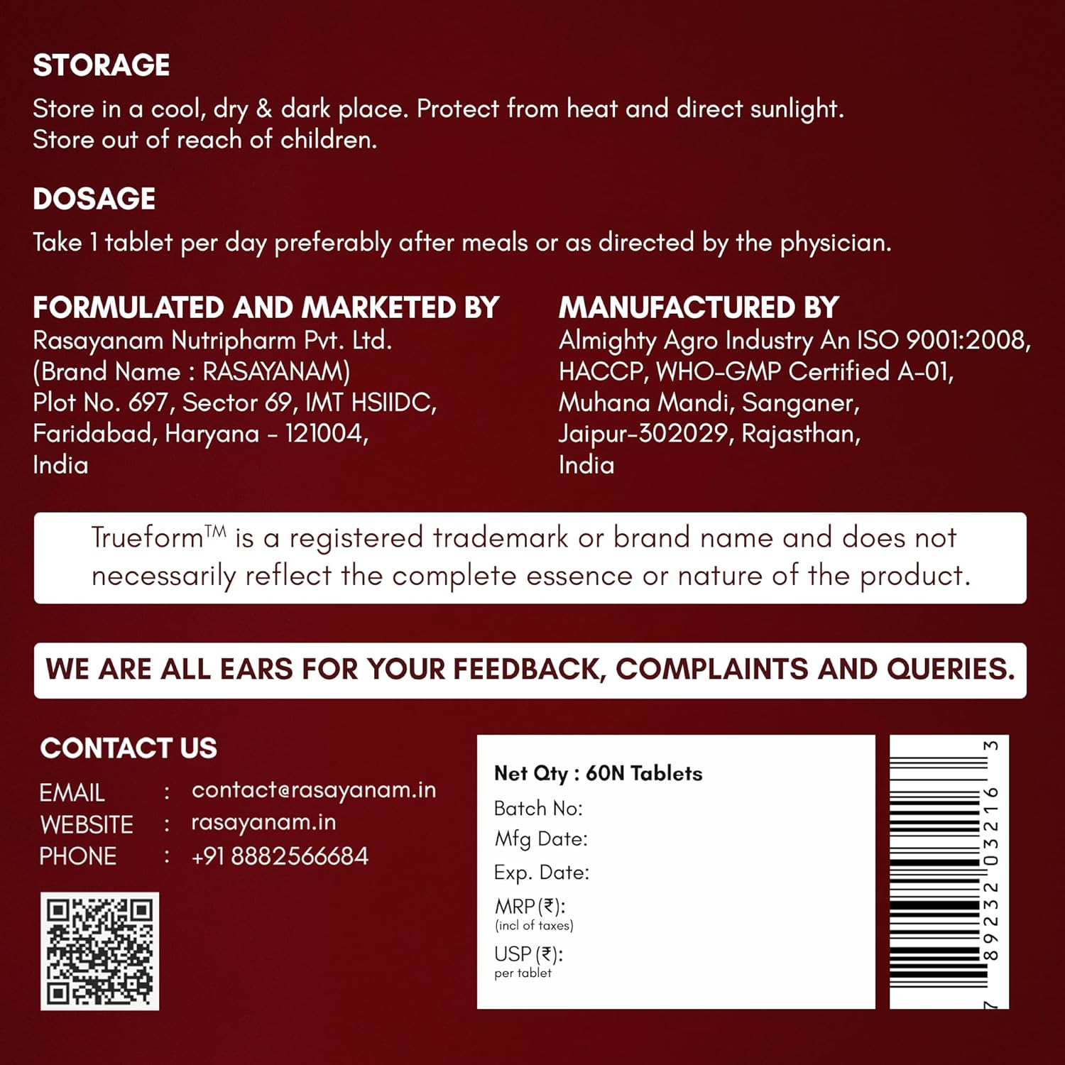 Back label of a pharmaceutical product with text and contact information on a red background
