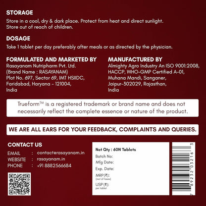 Back label of a pharmaceutical product with text and contact information on a red background