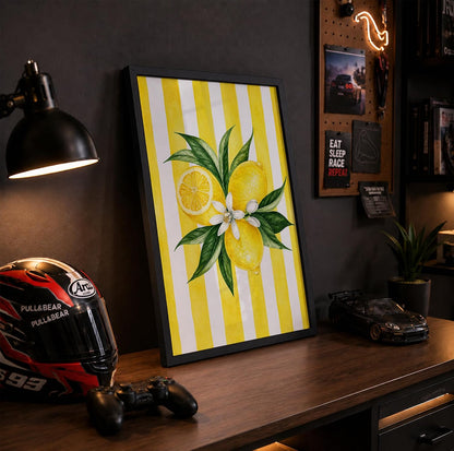 Lemon Wall Art Framed Painting for Home Decor, Citrus Fruit Botanical Artwork Wall Decor for Living Room Bedroom Kitchen Dining Room, Yellow Retro Aesthetic Room Decoration (DGN07-Black10x13 inch)