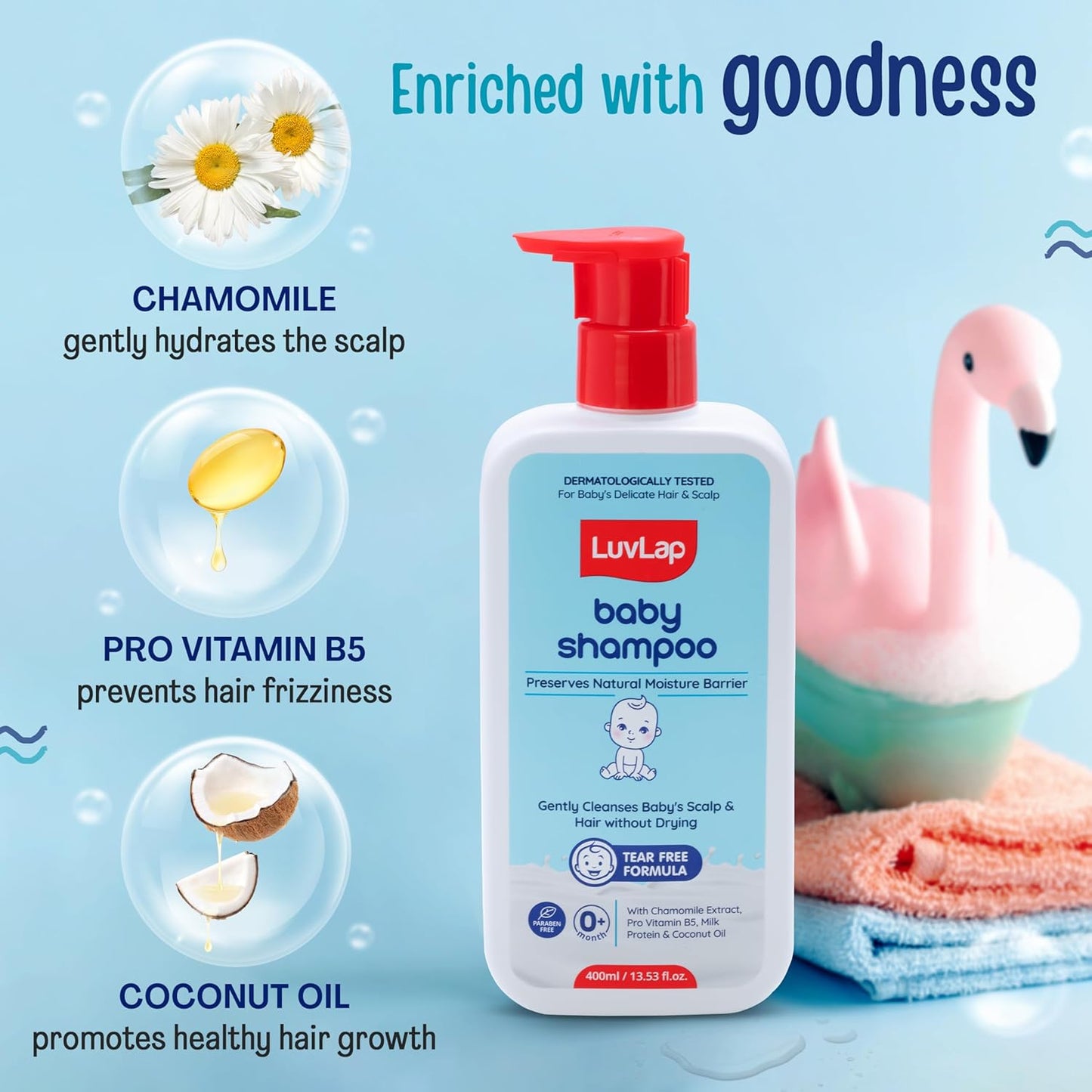 LuvLap Milky Soft Baby Shampoo - 400ml, Tear Free Formula, with Milk Protein, Vitamin E & Coconut Oil, Shea Butter & Chamomile, Gentle Care for Baby's Soft Hair, No Paraben, Dermatologically Tested