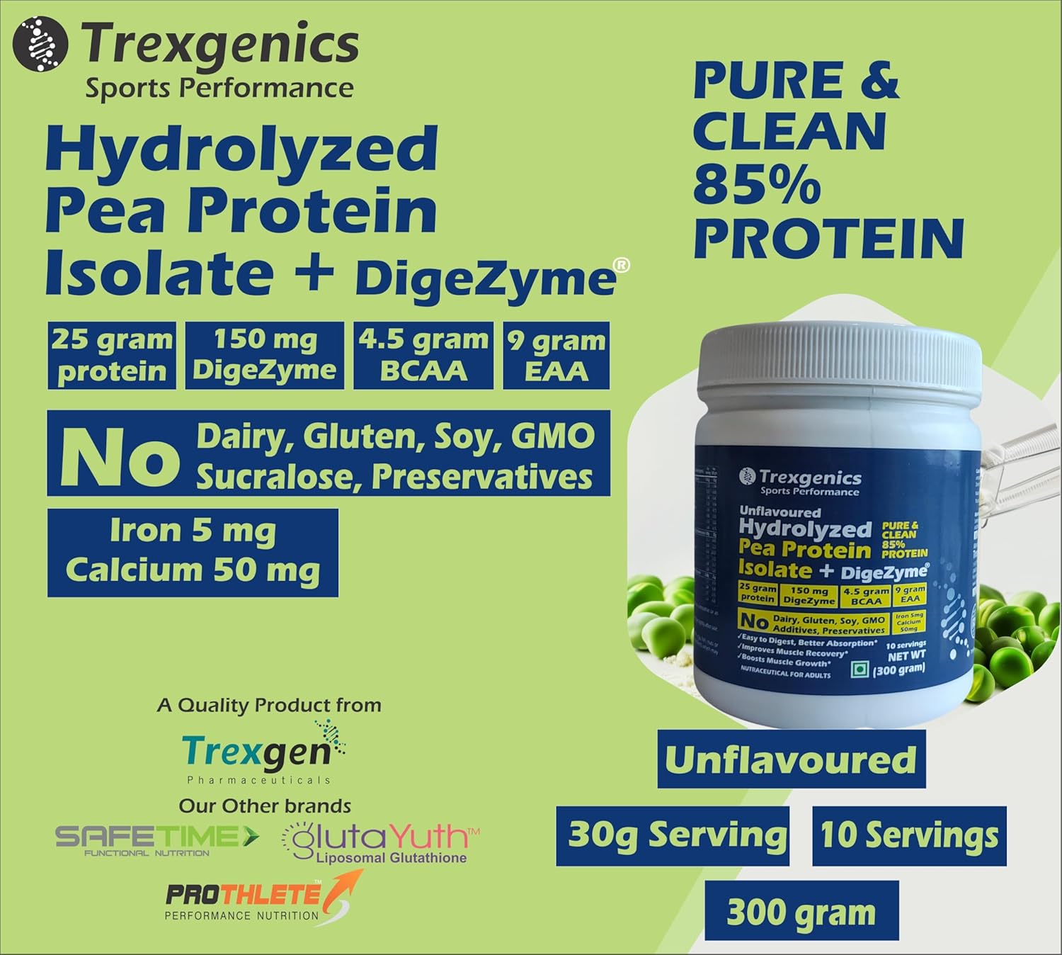 Promotional image of Trexgenics Hydrolyzed Pea Protein Isolate with product details on a green background.
