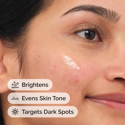 Close-up of a woman's face with text indicating skin care product benefits.