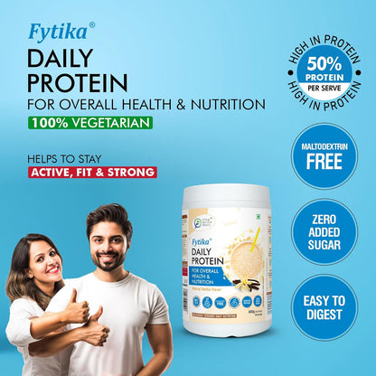 Fytika Daily Protein container with a couple giving thumbs up on a blue background