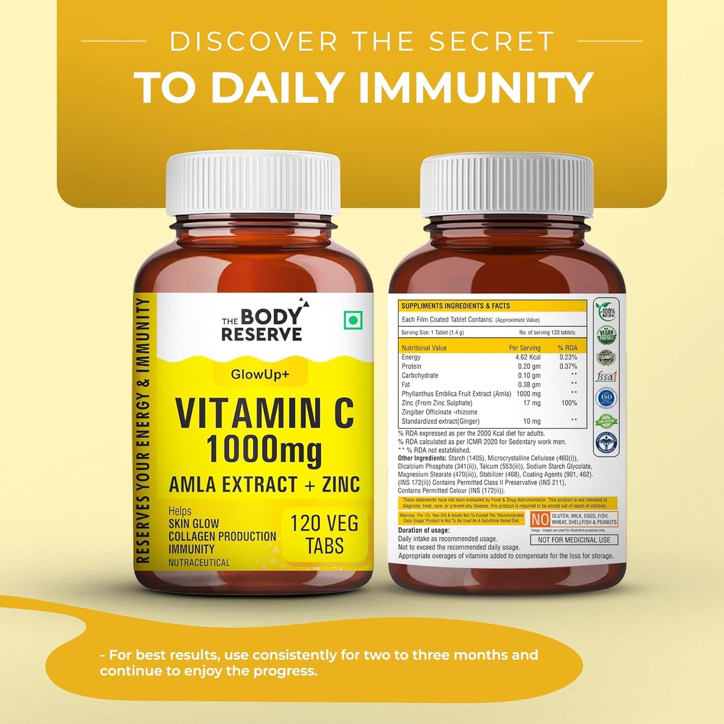 Two bottles of The Body Reserve Vitamin C supplement on a yellow background with text about daily immunity.