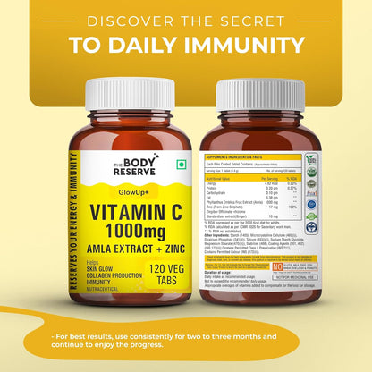 Two bottles of The Body Reserve Vitamin C supplement on a yellow background with text about daily immunity.