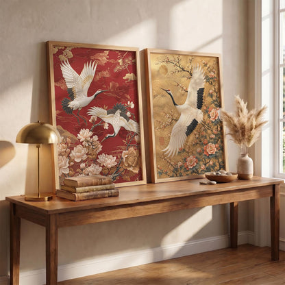 Aesthetic Japanese Crane Wall Art Painting with Cherry Blossom Flowers, Framed Nature Painting, Modern Art Home Decor for Living Room, Bedroom, Office Set of 2 (13X17 inch)