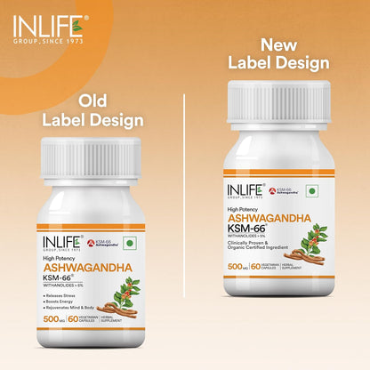 INLIFE Ashwagandha KSM-66 (500 mg) | 60 Capsules | Extra Strength Natural Formulation | Supports Strength, Energy | Withania Somnifera Extract (Pack of 1, 60, count)