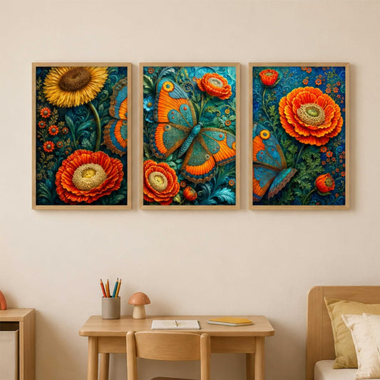 Set of 3 Butterfly Floral Wall Paintings for Living Room Bedroom Home Decor with Premium Wooden Color Synthetic Frame, Colorful Nature Art (13.5 x 19.5 Inch) NM03-73