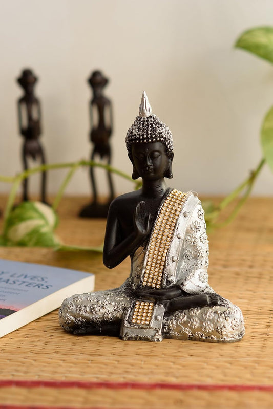 Handcrafted Meditating Lord Buddha Polyresin Idol (15 cm x 7.5 cm x 20 cm, Silver)